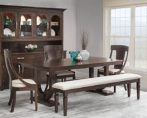 Georgetown dining set in light brown with chairs and a bench with a white cushion.