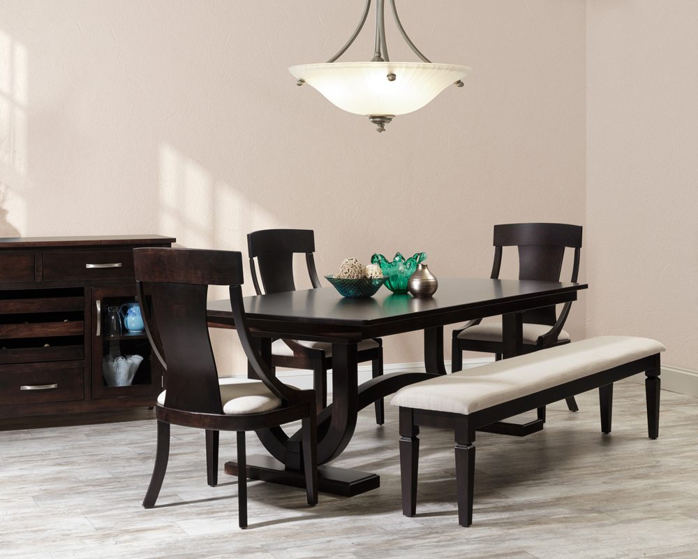 Georgetown dining set in dark brown with chairs and a bench with a white cushion.