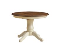Napolean round solid top table with white legs and light brown surface.