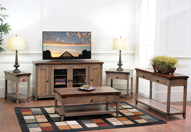 Frontier Collection: hall table, coffee table, end table, chairside table, & tv stand.
