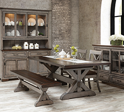 Hudson dining collection: trestle dining table, two side chairs, dining bench, hutch, and buffet.