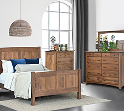 Elizabeth Lockwood bedroom collection: queen panel bed, chest of drawers, high dresser with mirror.